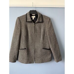 Talbots Italian Wool Silk Blend Tweed Zip Jacket Pockets Leather Trim Lined Sz 8